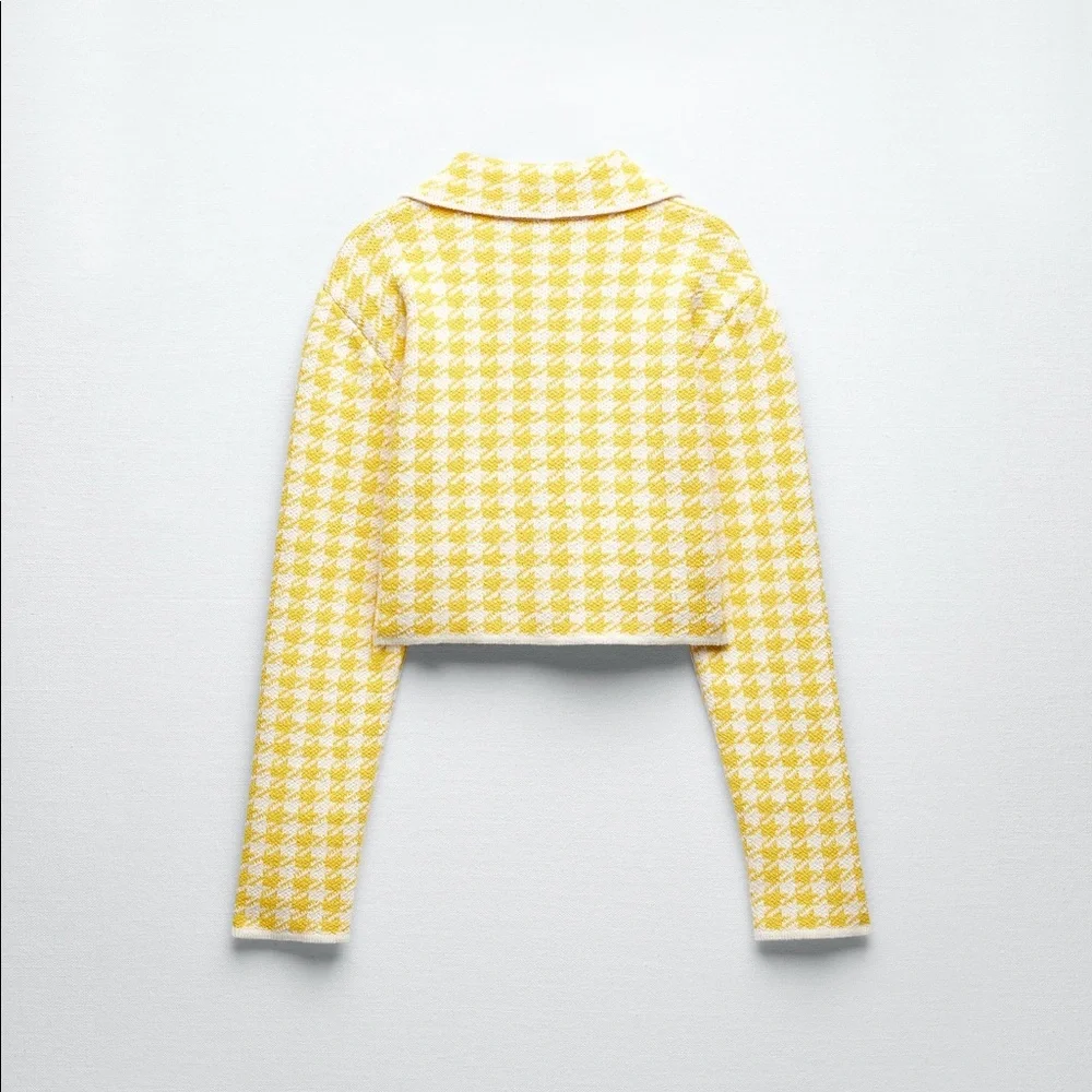 Zara Yellow Houndstooth Cropped Cardigan - Picture 7 of 16
